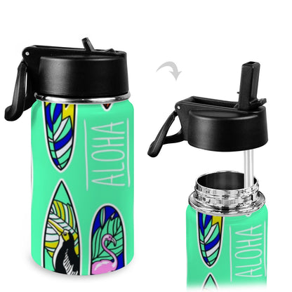 Surfboards - Kids Water Bottle with Straw Lid (12 oz) Kids Water Bottle with Straw Lid