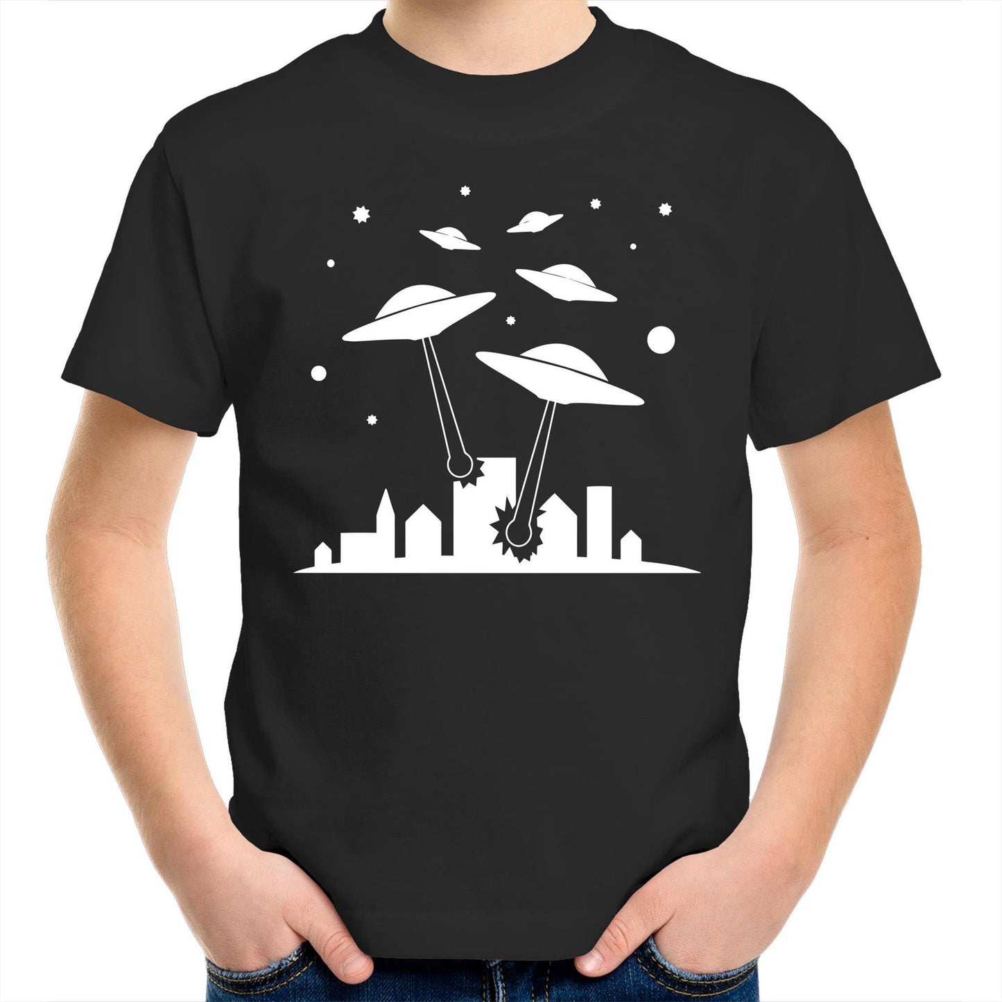 Space Invasion - Kids Youth Crew T-Shirt Black Kids Youth T-shirt