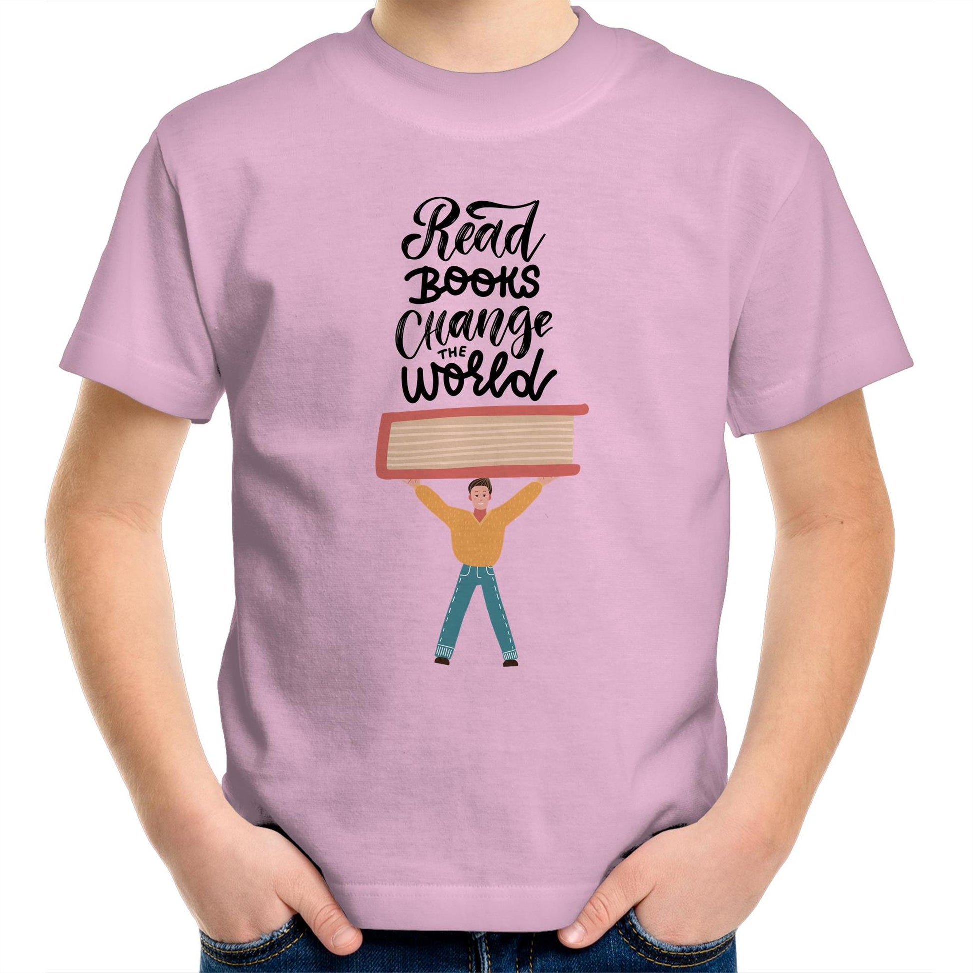 Read Books, Change The World - Kids Youth Crew T-Shirt Pink Kids Youth T-shirt Reading