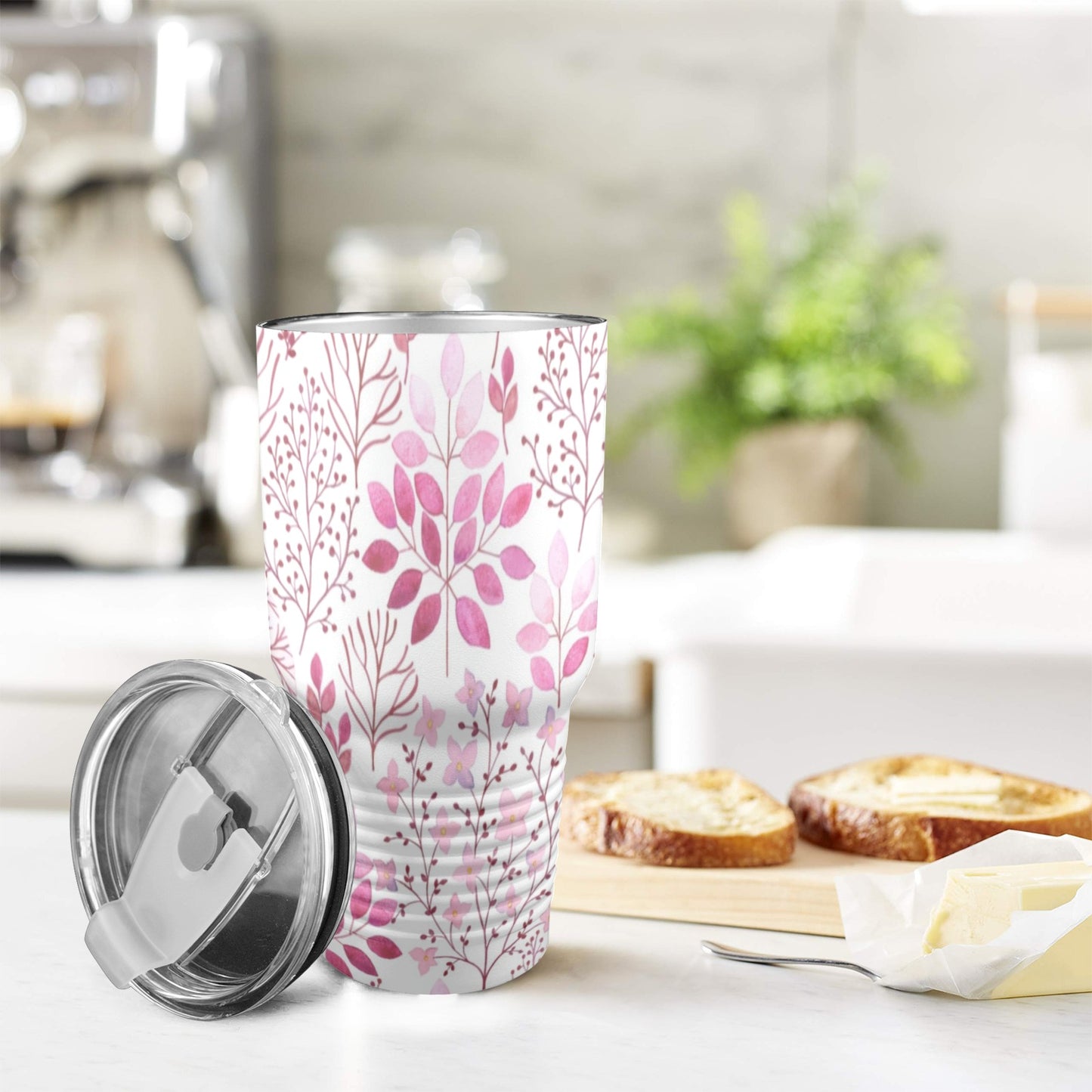 Pink Flowers - 30oz Insulated Stainless Steel Mobile Tumbler 30oz Insulated Stainless Steel Mobile Tumbler Plants Printed Offshore