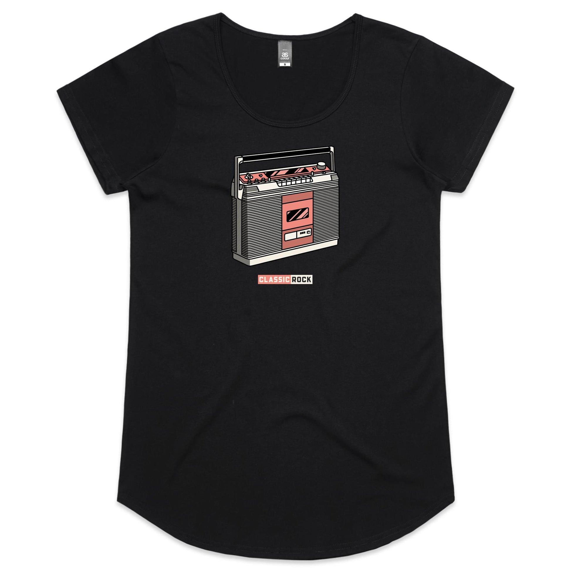 Classic Rock, Cassette Player - Womens Scoop Neck T-Shirt Black Womens Scoop Neck T-shirt Music Retro