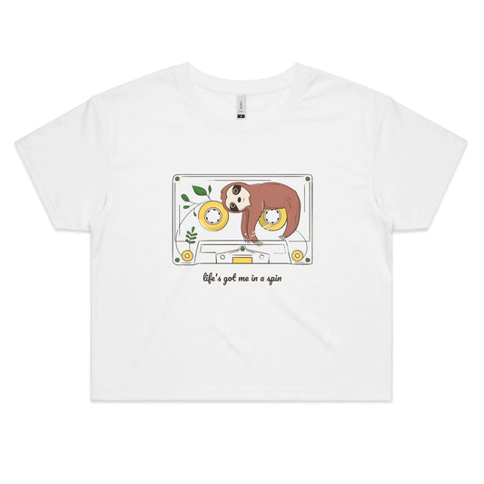 Cassette, Life's Got Me In A Spin - Women's Crop Tee White Womens Crop Top animal Music Retro