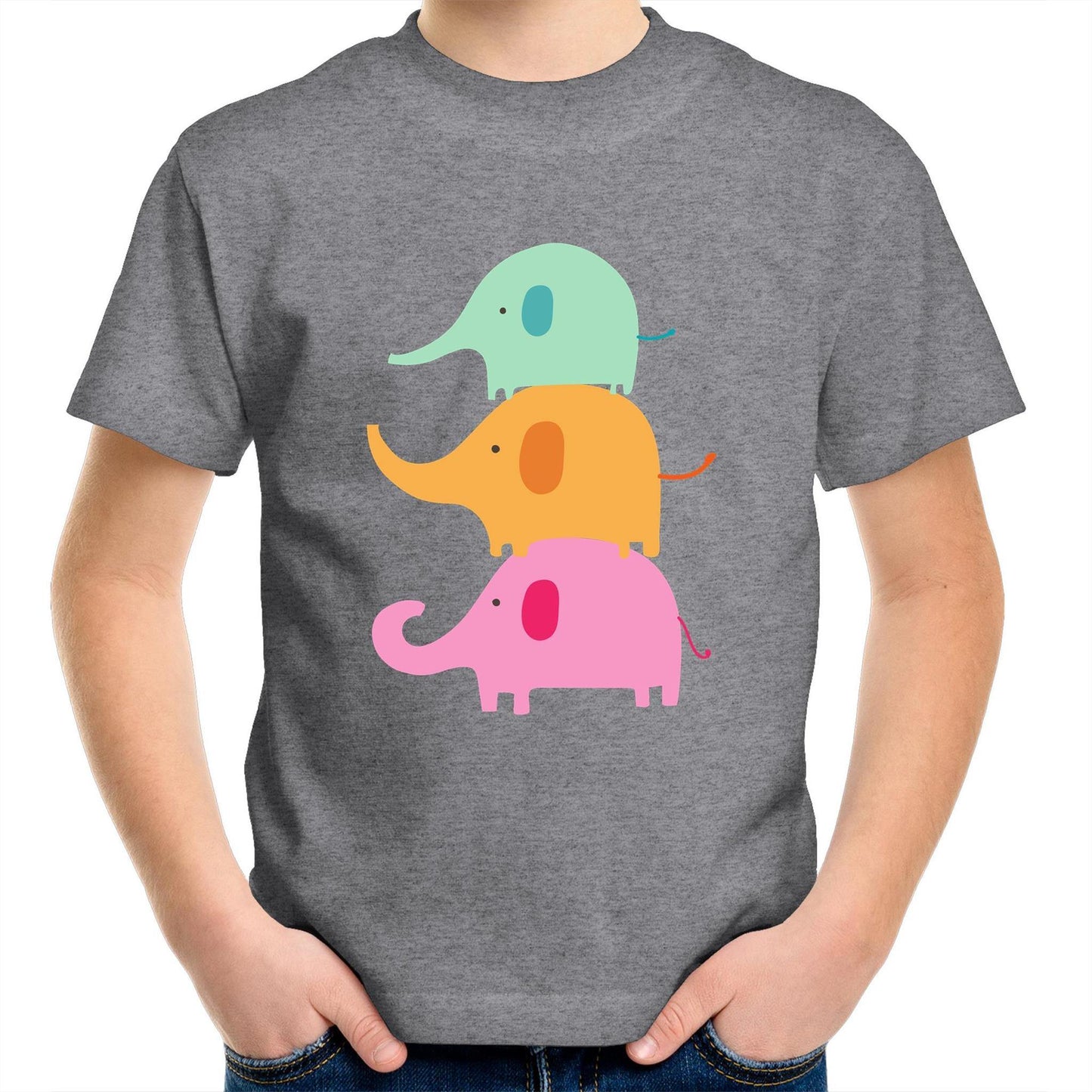 Three Cute Elephants - Kids Youth Crew T-Shirt Grey Marle Kids Youth T-shirt animal