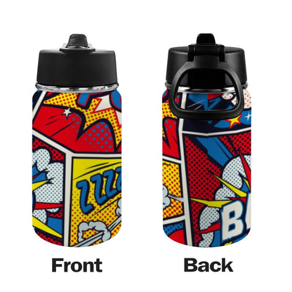 Comic Book - Kids Water Bottle with Straw Lid (12 oz) Kids Water Bottle with Straw Lid