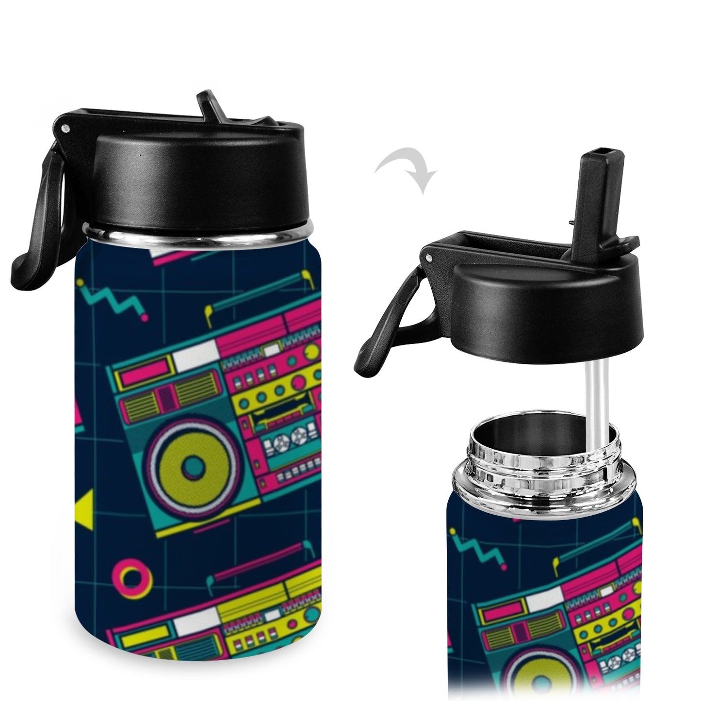 Boombox - Kids Water Bottle with Straw Lid (12 oz) Kids Water Bottle with Straw Lid