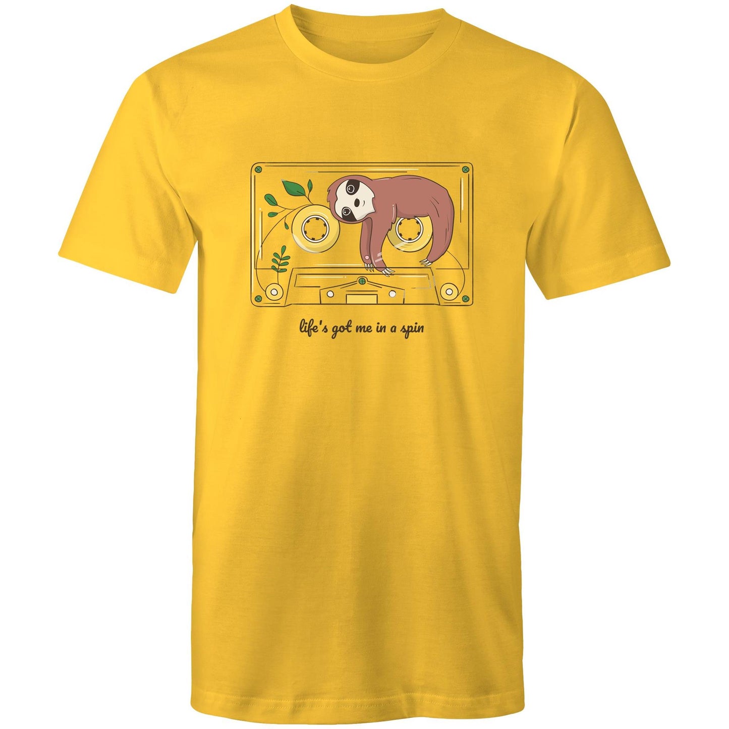 Cassette, Life's Got Me In A Spin - Mens T-Shirt Yellow Mens T-shirt animal Music Retro
