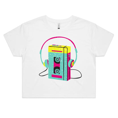 Wired For Sound, Music Player - Women's Crop Tee White Womens Crop Top Music Retro Womens