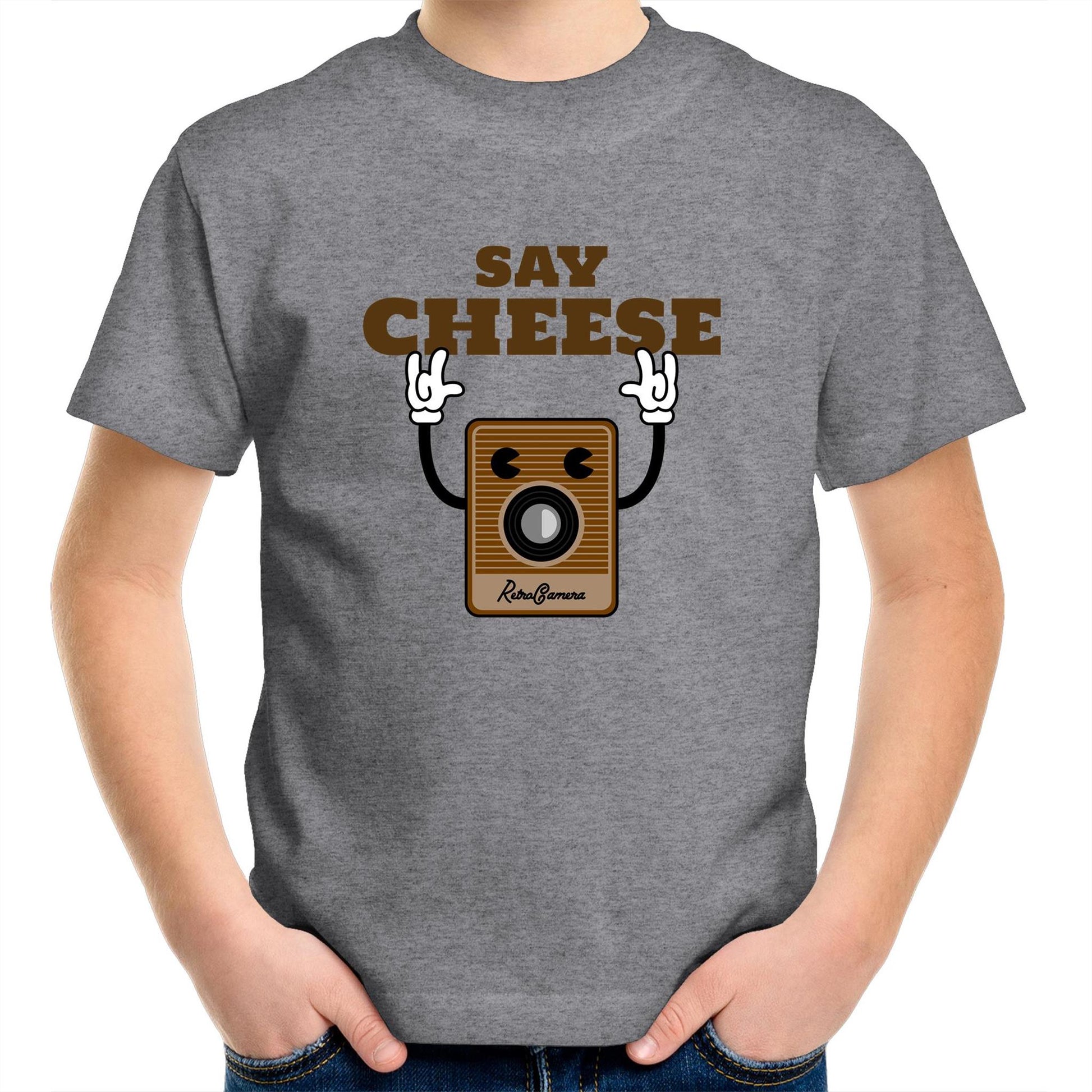 Say Cheese, Retro Camera - Kids Youth Crew T-Shirt Grey Marle Kids Youth T-shirt Retro Tech