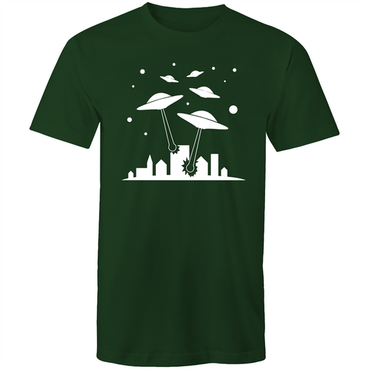 Space Invasion - Mens T-Shirt Forest Green Mens T-shirt comic Funny Mens Retro Sci Fi Space
