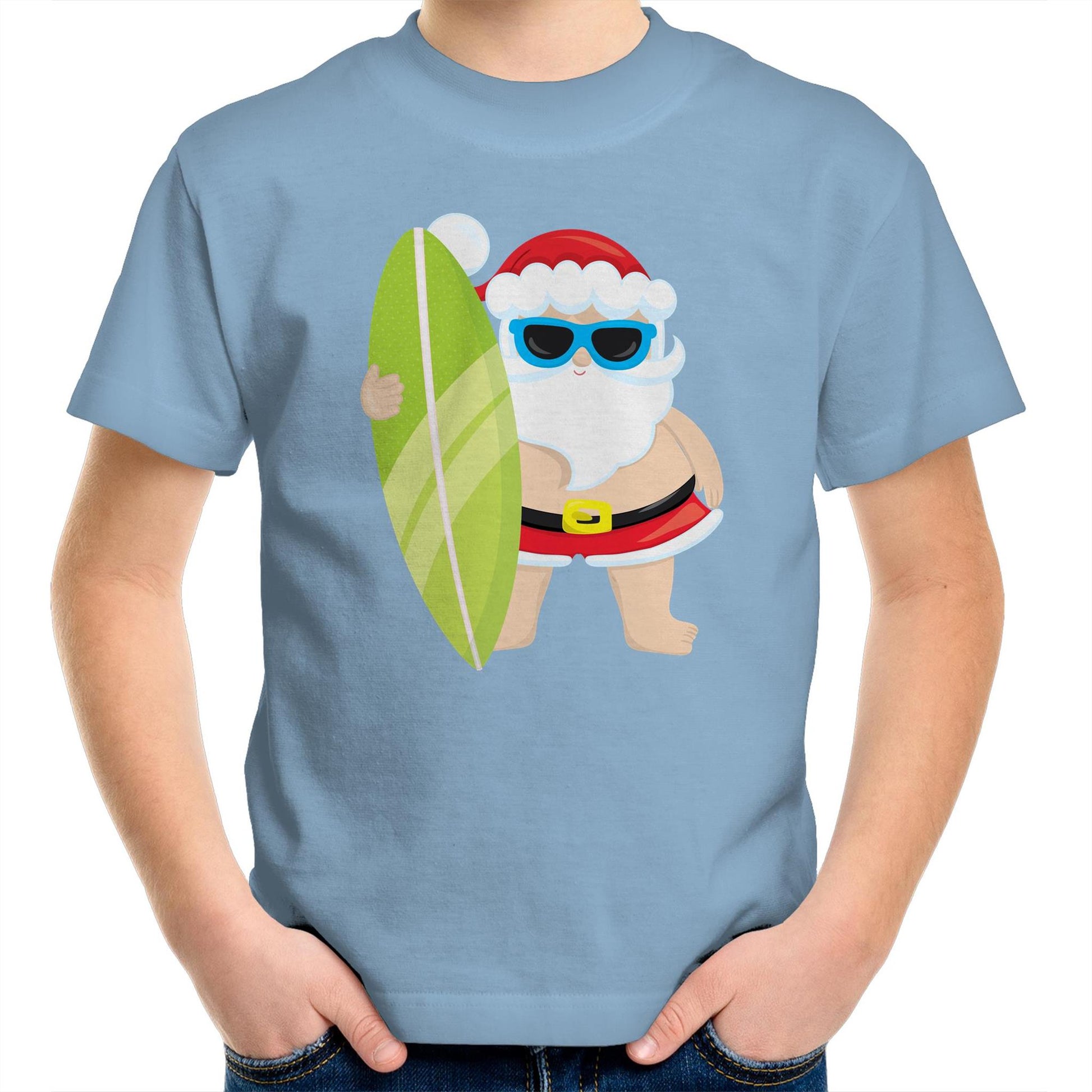 Surf Santa - Kids Youth Crew T-Shirt Carolina Blue Christmas Kids T-shirt Merry Christmas