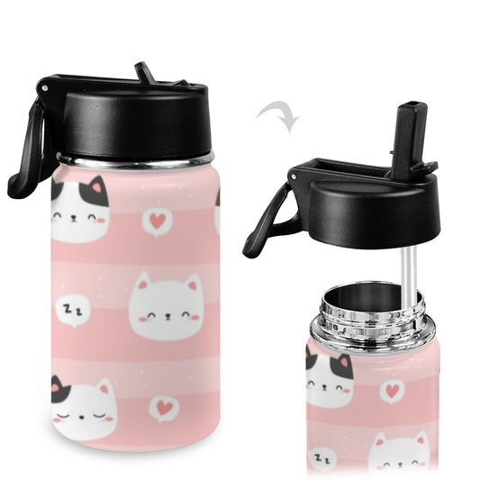 Pink Cats - Kids Water Bottle with Straw Lid (12 oz) Kids Water Bottle with Straw Lid