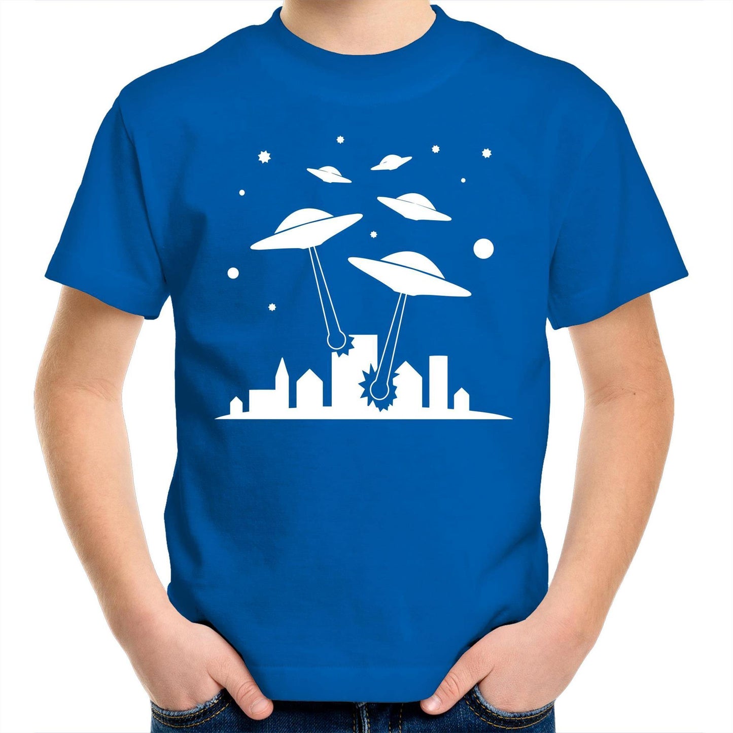 Space Invasion - Kids Youth Crew T-Shirt Bright Royal Kids Youth T-shirt