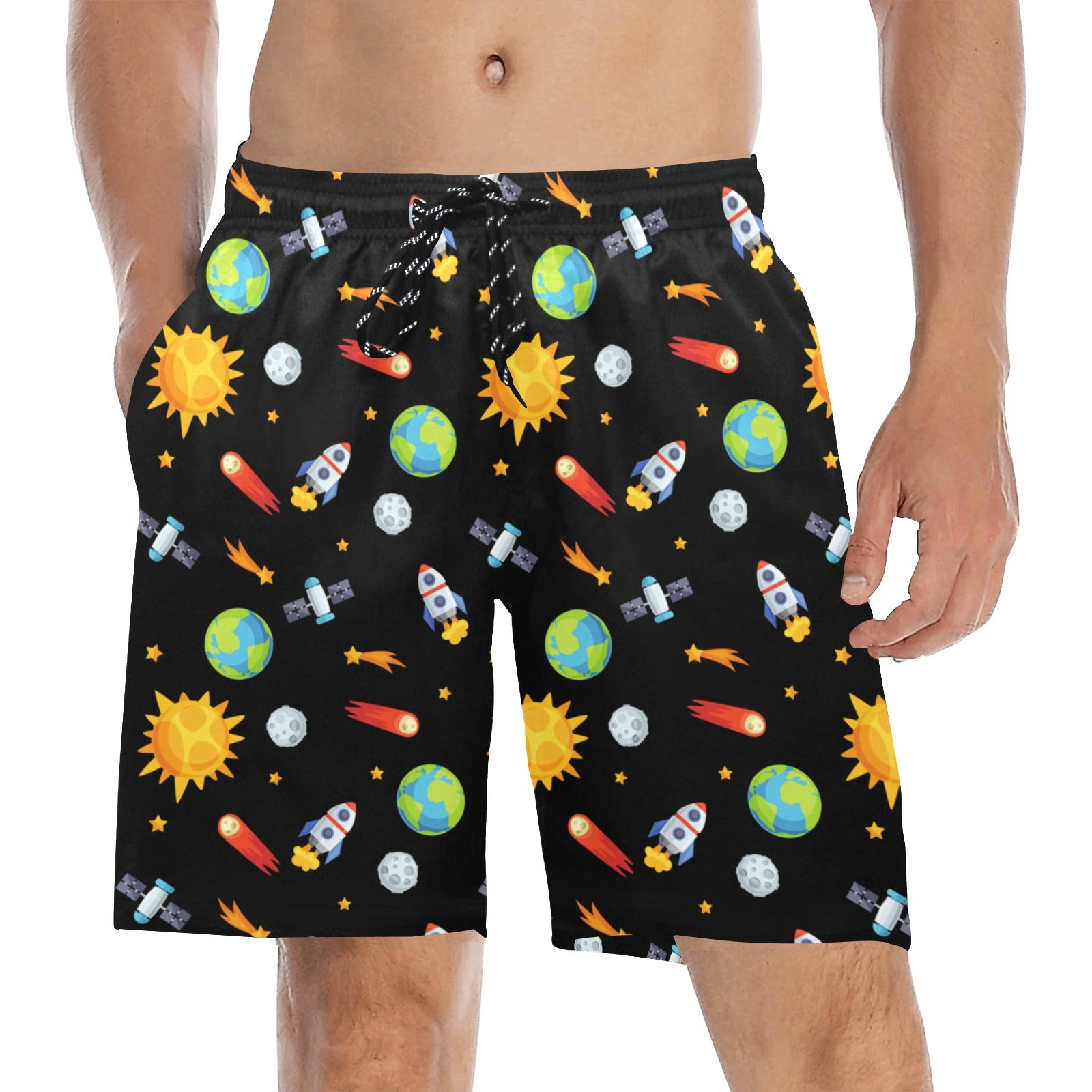 Busy Space - Men's Mid-Length Beach Shorts Men's Mid-Length Beach Shorts Space