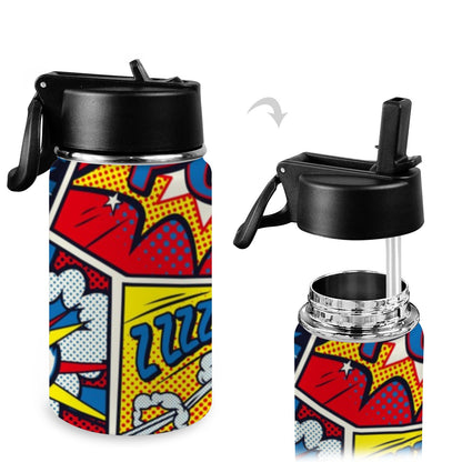 Comic Book - Kids Water Bottle with Straw Lid (12 oz) Kids Water Bottle with Straw Lid