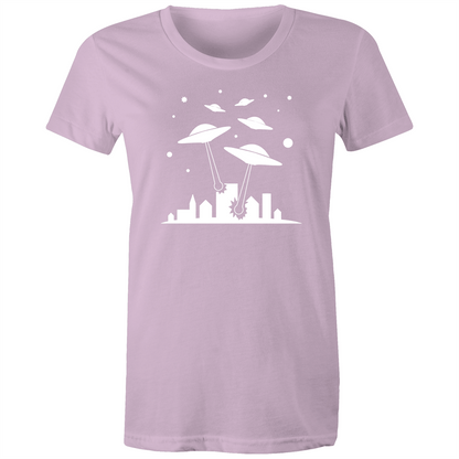 Space Invasion - Women's T-shirt Lavender Womens T-shirt comic Retro Sci Fi Space Womens