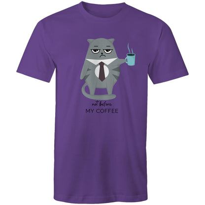 Not Before My Coffee, Cranky Cat - Mens T-Shirt Purple Mens T-shirt animal Coffee