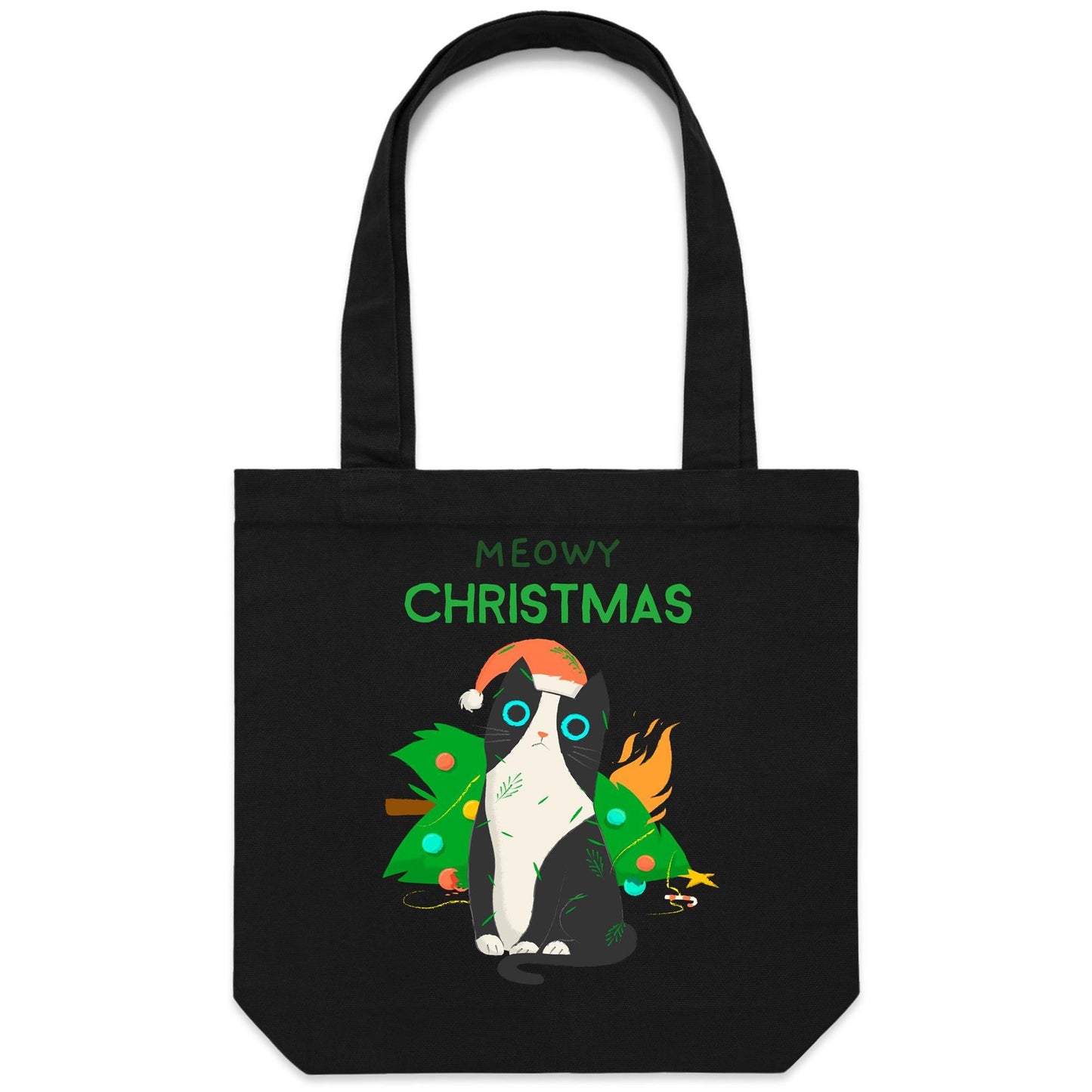 Meowy Christmas - Canvas Tote Bag Black One Size Christmas Tote Bag Merry Christmas