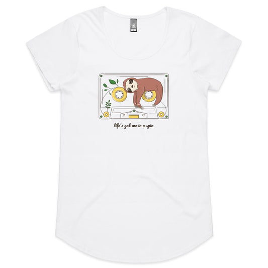 Cassette, Life's Got Me In A Spin - Womens Scoop Neck T-Shirt White Womens Scoop Neck T-shirt animal Music Retro