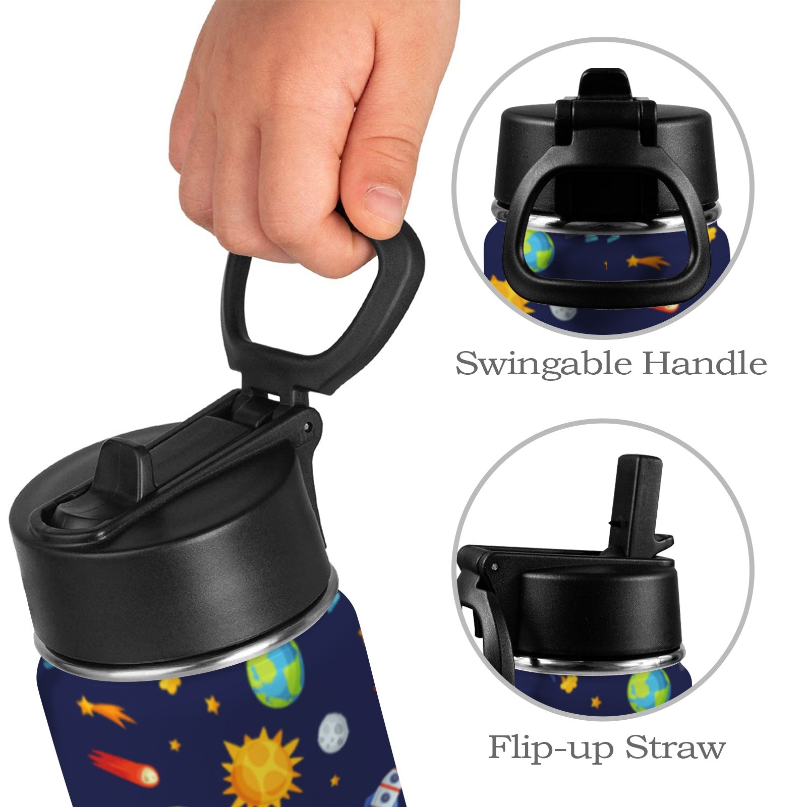 Busy Space - Kids Water Bottle with Straw Lid (12 oz) Kids Water Bottle with Straw Lid