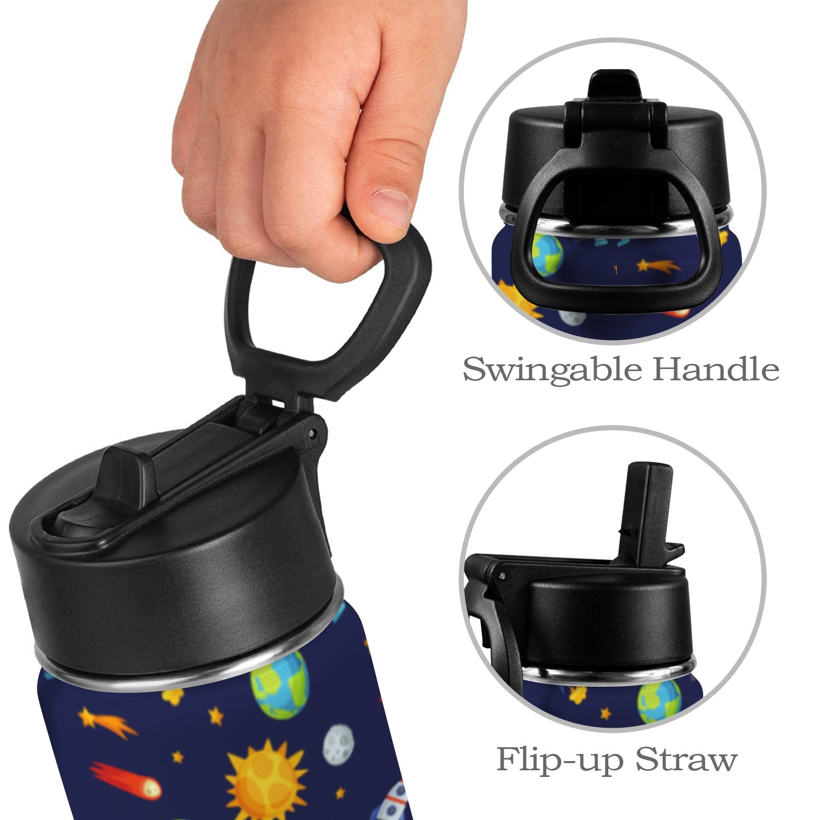 Busy Space - Kids Water Bottle with Straw Lid (12 oz) Kids Water Bottle with Straw Lid Printed Offshore