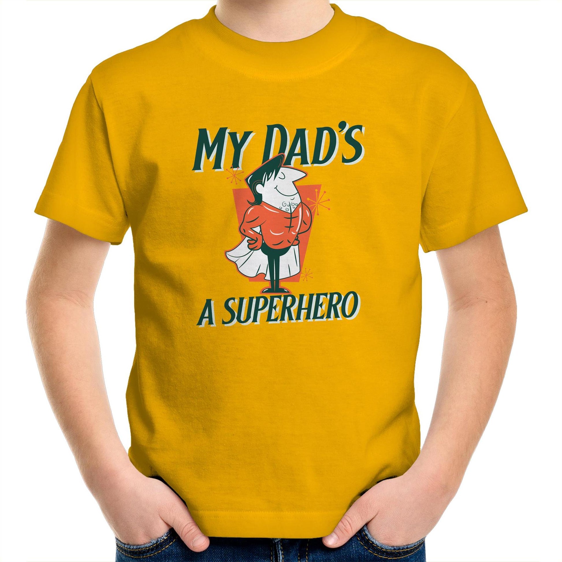 My Dad's A Superhero - Kids Youth Crew T-Shirt Gold Kids Youth T-shirt Dad