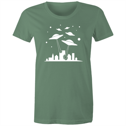Space Invasion - Women's T-shirt Sage Womens T-shirt comic Retro Sci Fi Space Womens