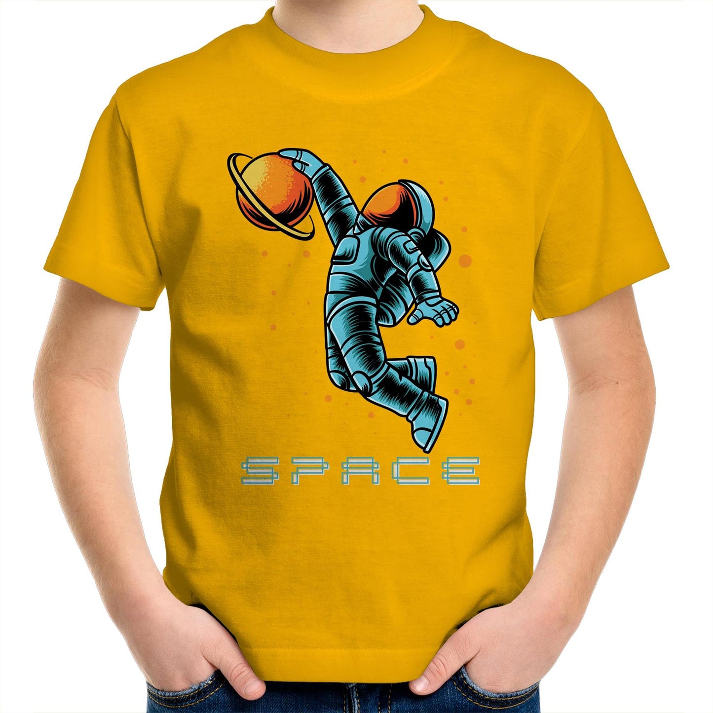Astronaut Basketball - Kids Youth Crew T-Shirt Gold Kids Youth T-shirt Space