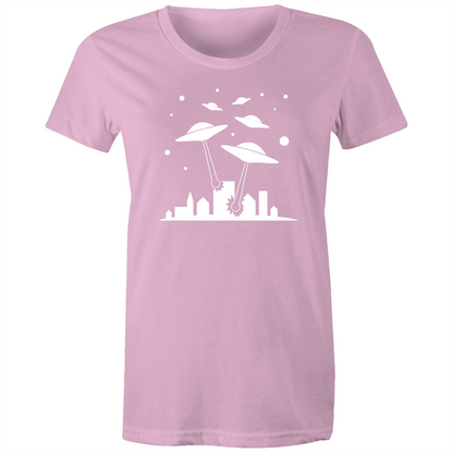Space Invasion - Women's T-shirt Pink Womens T-shirt comic Retro Sci Fi Space Womens