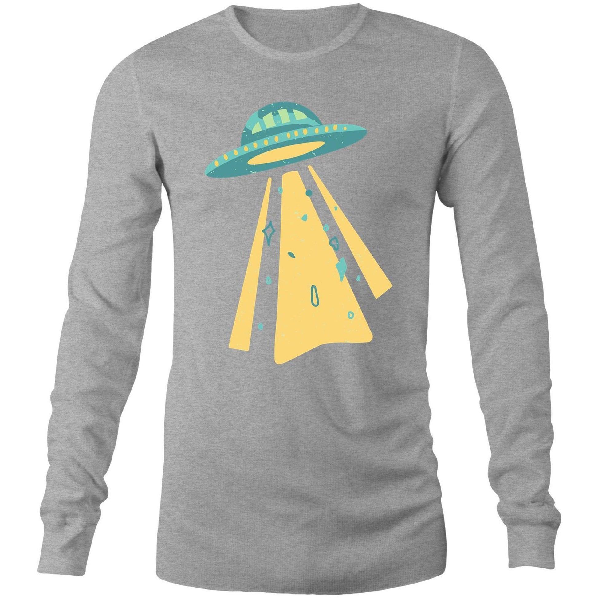 UFO - Long Sleeve T-Shirt Grey Marle Unisex Long Sleeve T-shirt Mens Retro Sci Fi Space Womens