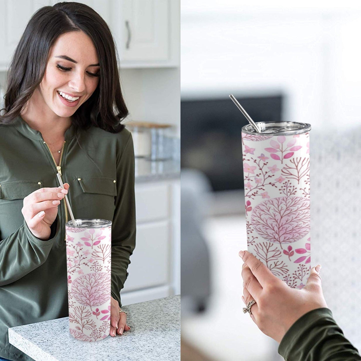 Vintage Pink Floral - 20oz Tall Skinny Tumbler with Lid and Straw 20oz Tall Skinny Tumbler with Lid and Straw Printed Offshore