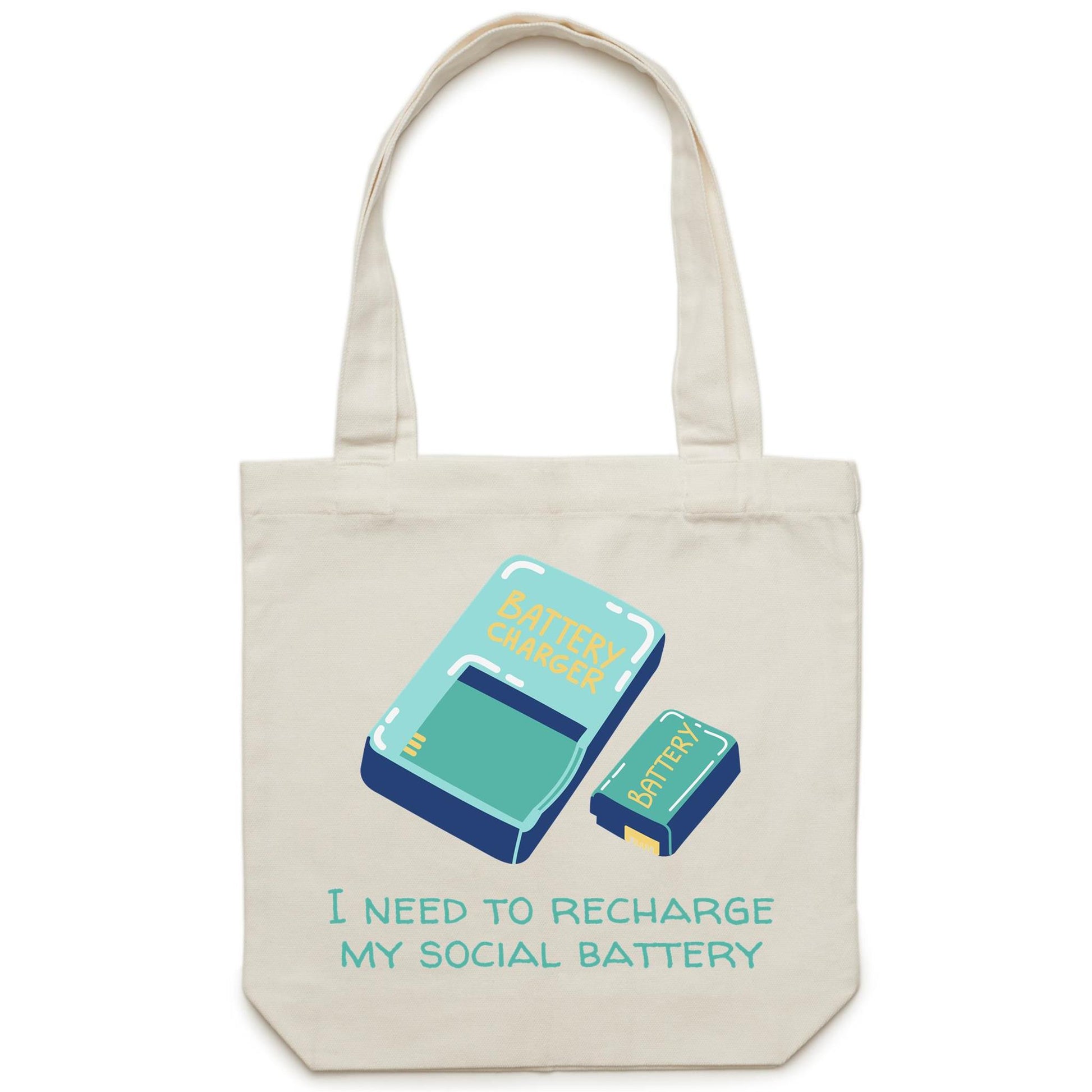 Recharge My Social Battery - Canvas Tote Bag Cream One-Size Tote Bag Funny