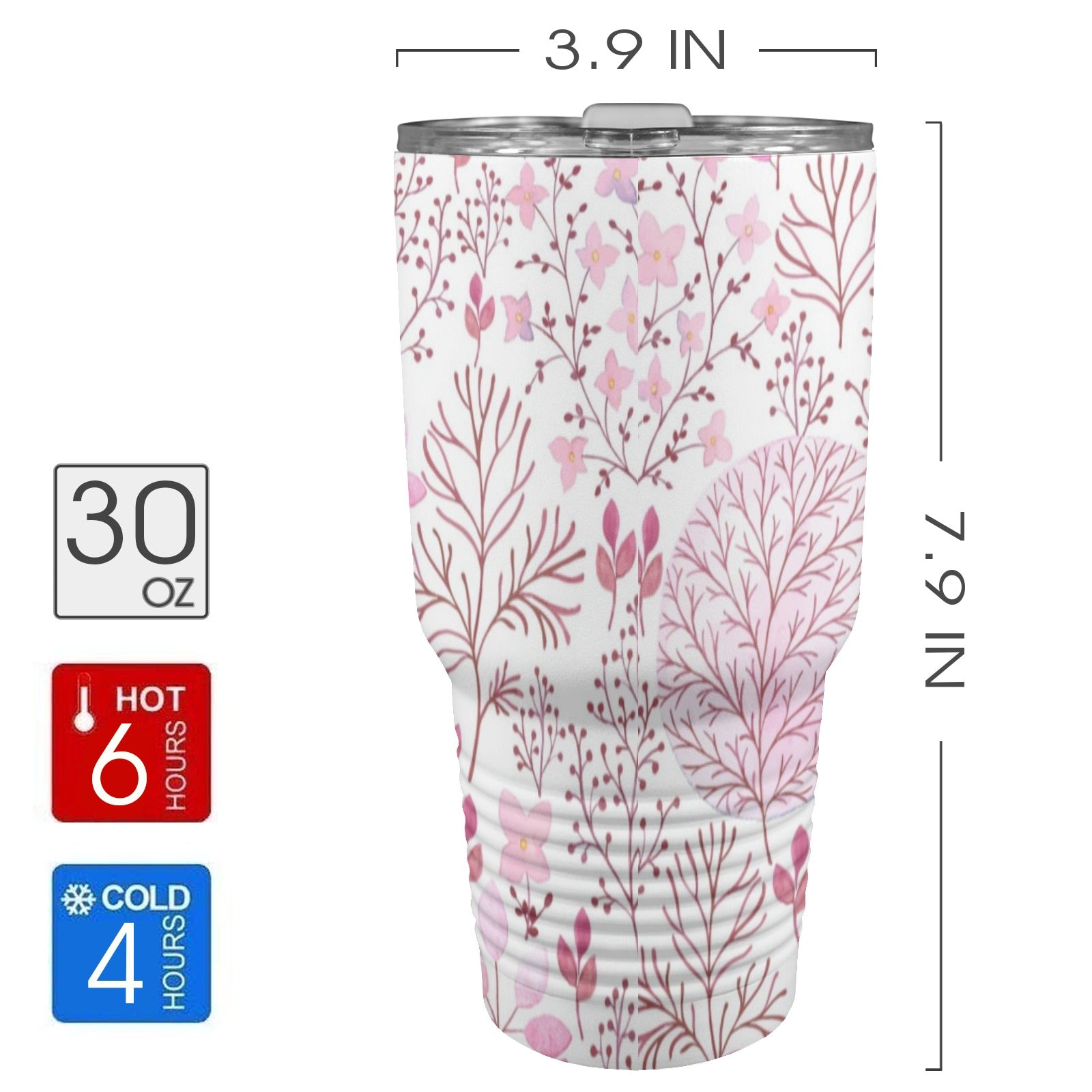 Pink Flowers - 30oz Insulated Stainless Steel Mobile Tumbler 30oz Insulated Stainless Steel Mobile Tumbler Plants Printed Offshore