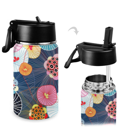 Abstract Floral - Kids Water Bottle with Straw Lid (12 oz) Kids Water Bottle with Straw Lid
