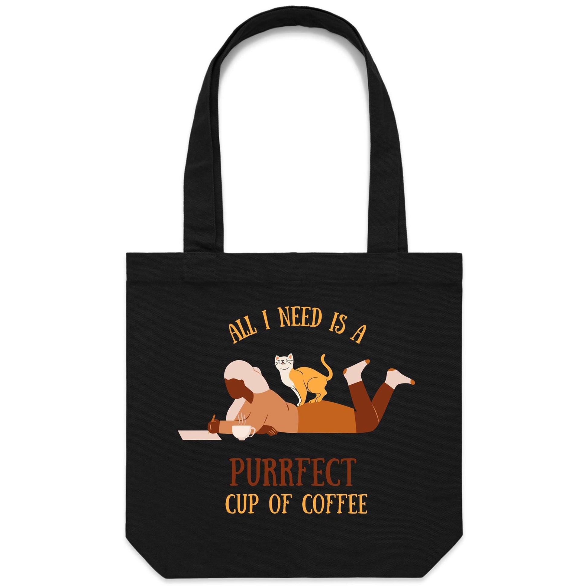 All I Need Is A Purrfect Cup Of Coffee - Canvas Tote Bag Black One Size Tote Bag animal Coffee