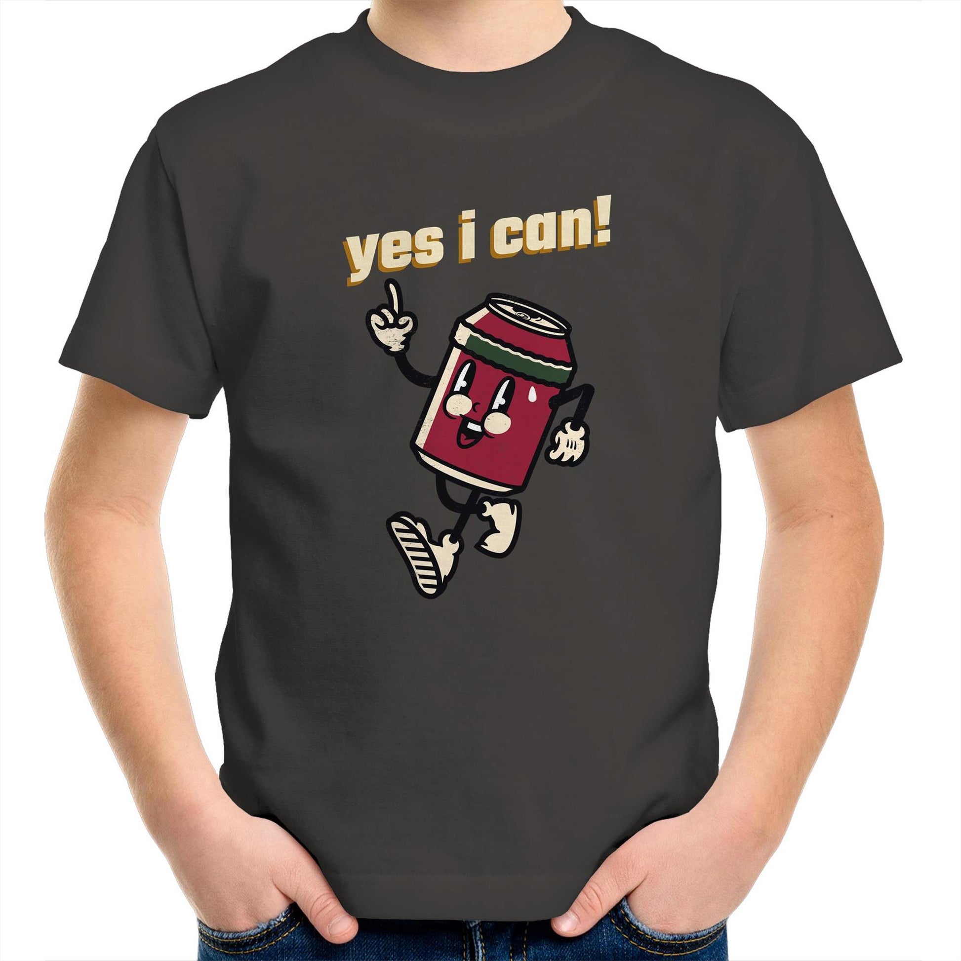 Yes I Can! - Kids Youth Crew T-Shirt Charcoal Kids Youth T-shirt Motivation Retro