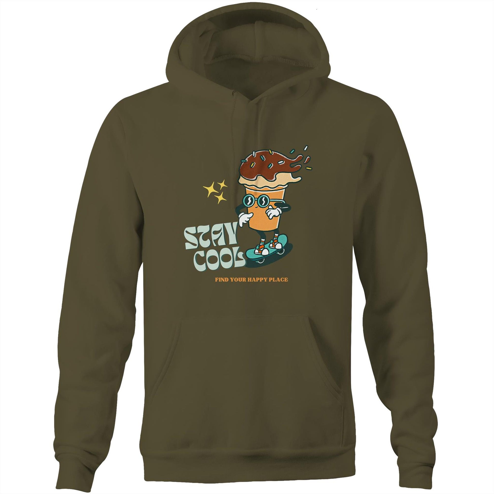 Stay Cool, Find Your Happy Place - Pocket Hoodie Sweatshirt Army Hoodie Retro Summer