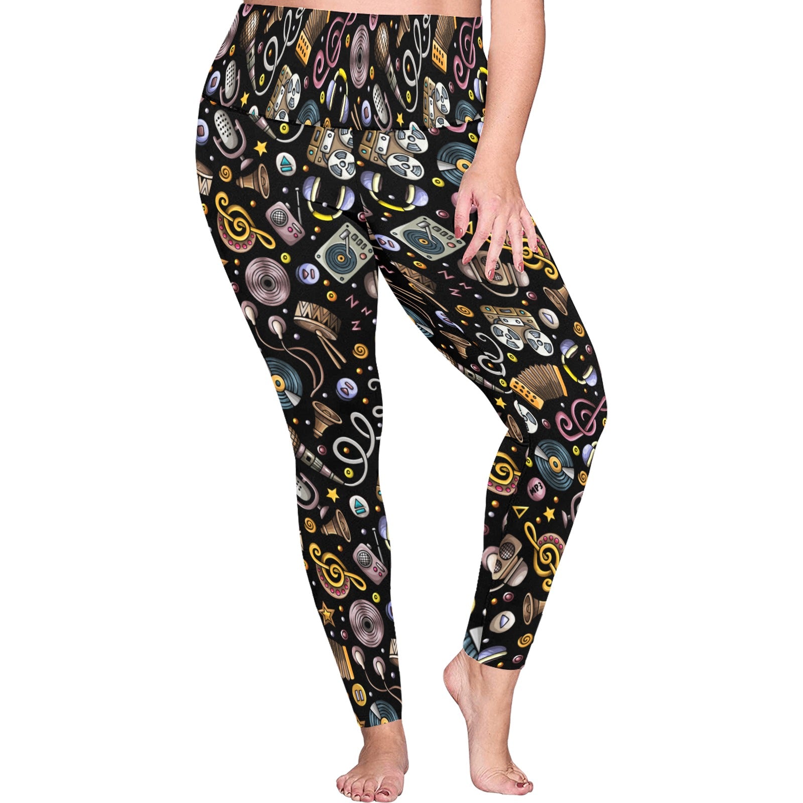 Retro Music Mix - Womens High Waist Leggings (Sizes 16-22) Womens High Waist Leggings (Sizes 16-22) Music Printed Offshore Retro