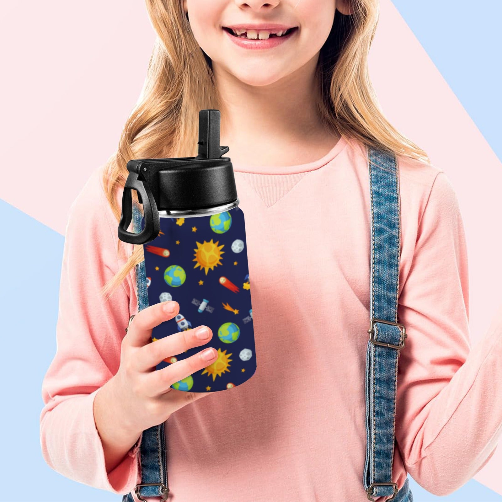 Busy Space - Kids Water Bottle with Straw Lid (12 oz) Kids Water Bottle with Straw Lid