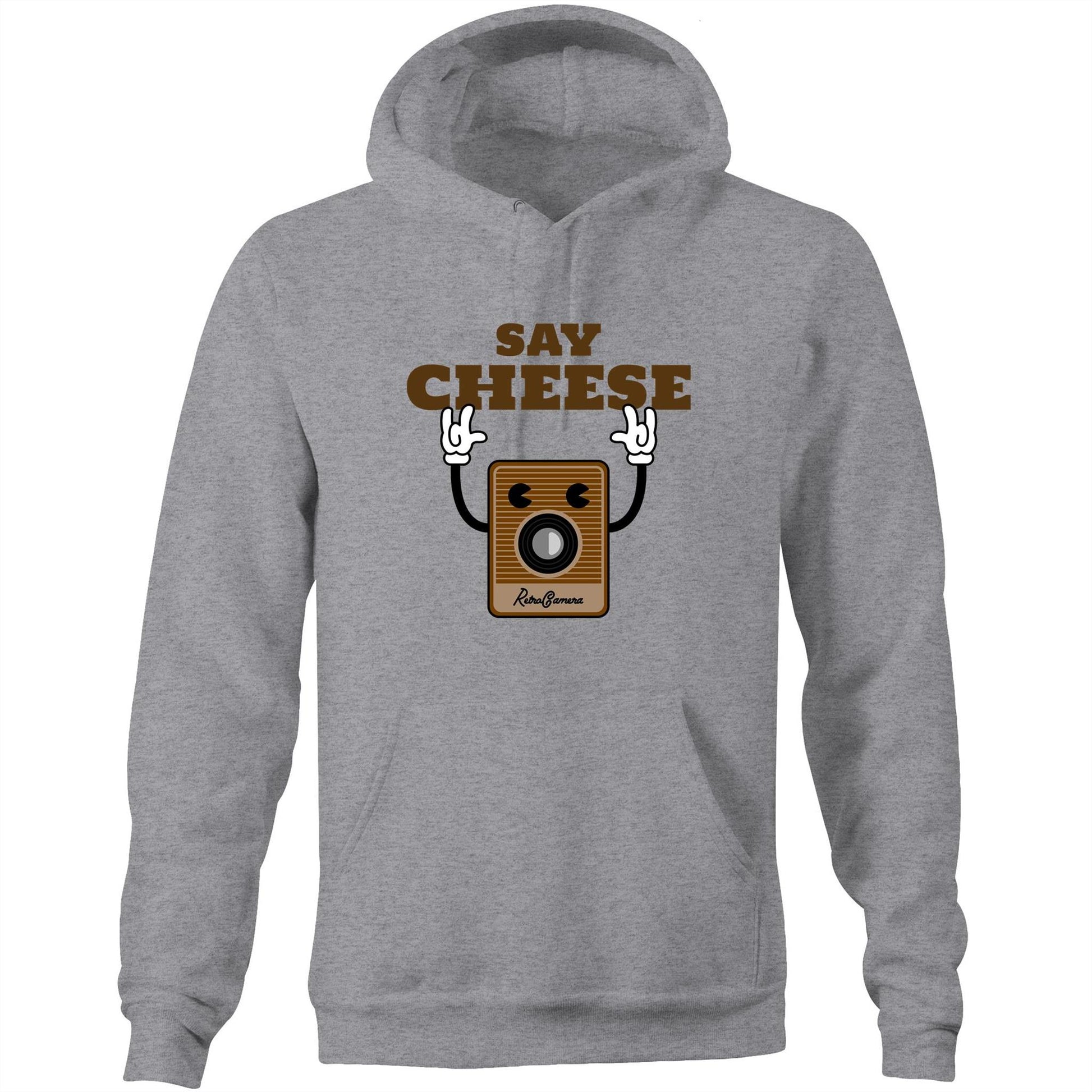 Say Cheese, Retro Camera - Pocket Hoodie Sweatshirt Grey Marle Hoodie Retro Tech