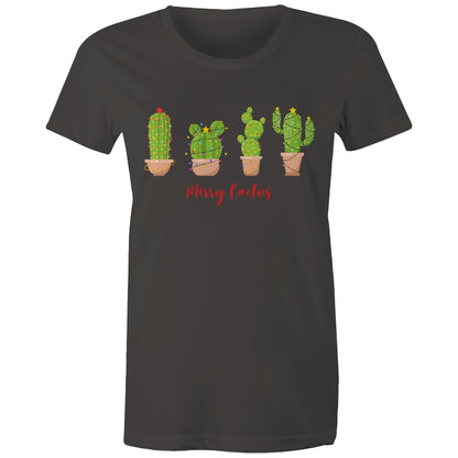 Merry Cactus - Womens T-shirt Charcoal Christmas Womens T-shirt Merry Christmas