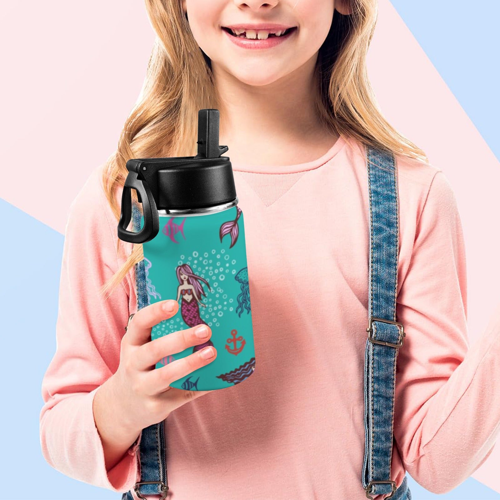 Mermaids - Kids Water Bottle with Straw Lid (12 oz) Kids Water Bottle with Straw Lid