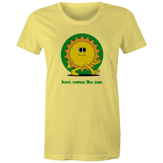 Here Comes The Sun - Womens T-shirt Yellow Womens T-shirt Retro Summer