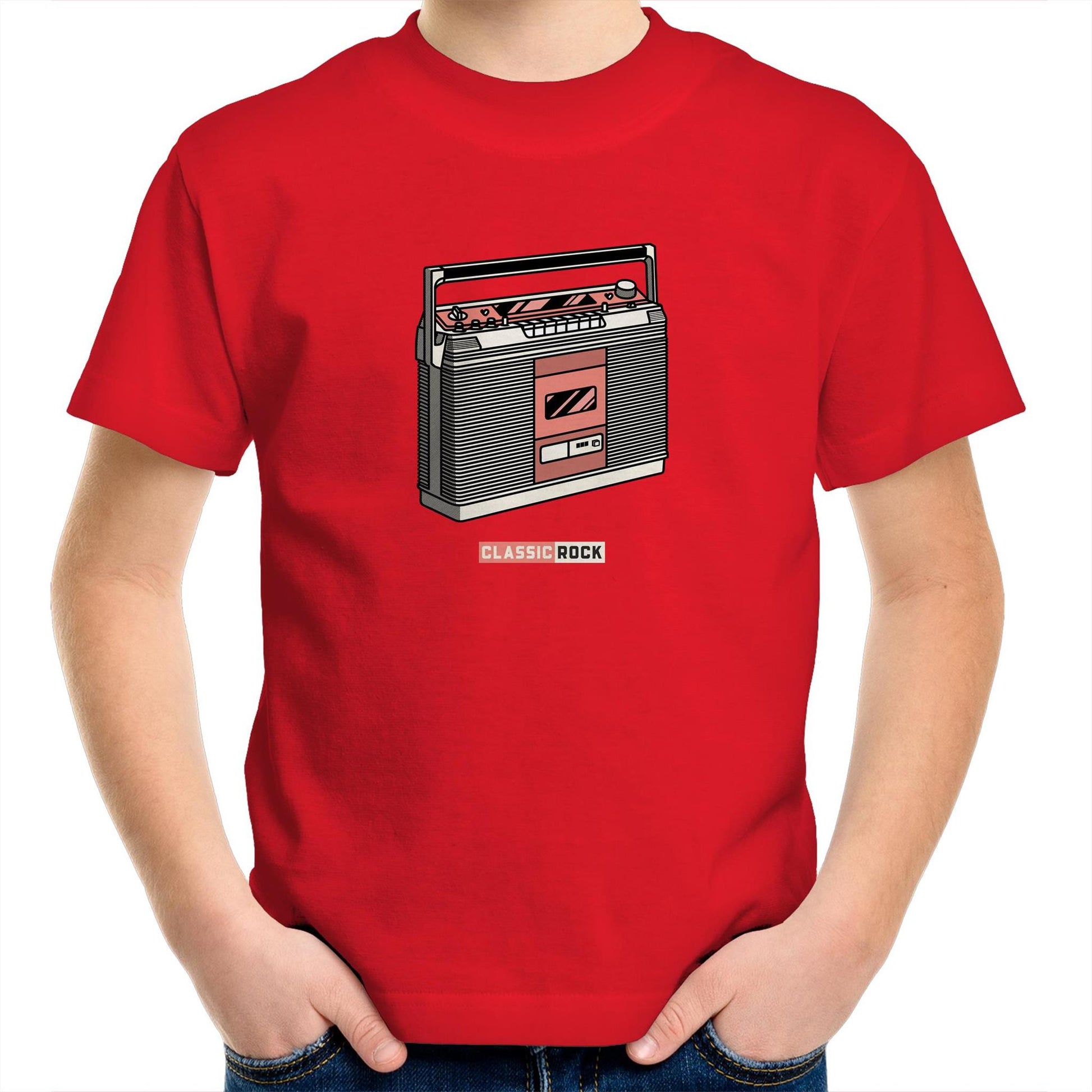 Classic Rock, Cassette Player Kids Youth Crew T-Shirt Red Kids Youth T-shirt Music Retro