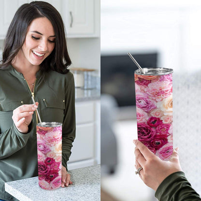 Pink Flowers - 20oz Tall Skinny Tumbler with Lid and Straw 20oz Tall Skinny Tumbler with Lid and Straw Printed Offshore