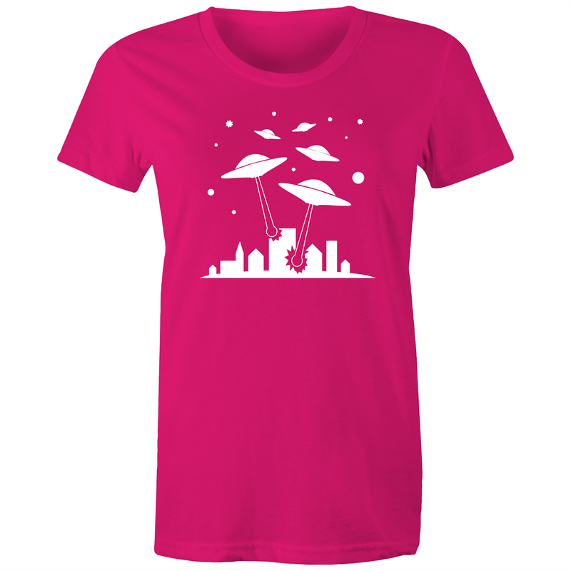 Space Invasion - Women's T-shirt Fuchsia Womens T-shirt comic Retro Sci Fi Space Womens