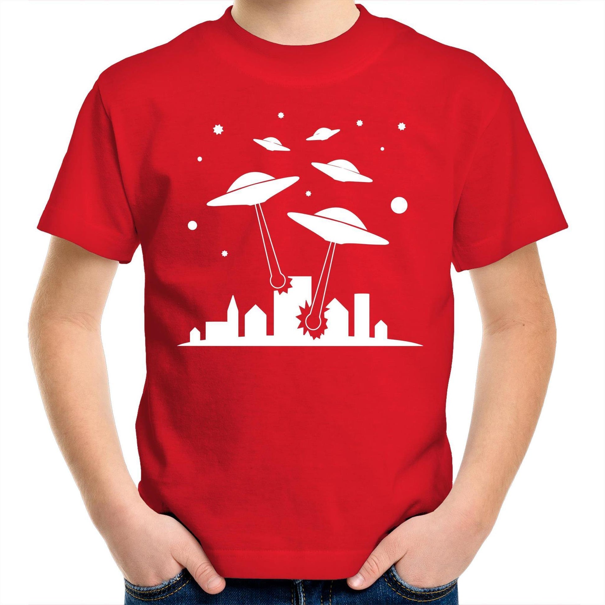 Space Invasion - Kids Youth Crew T-Shirt Red Kids Youth T-shirt
