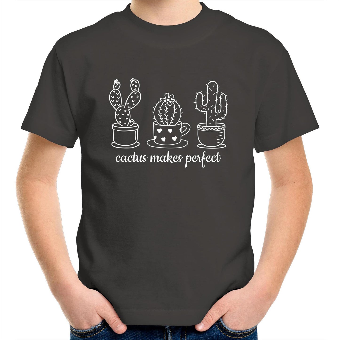Cactus Makes Perfect - Kids Youth Crew T-Shirt Charcoal Kids Youth T-shirt Plants
