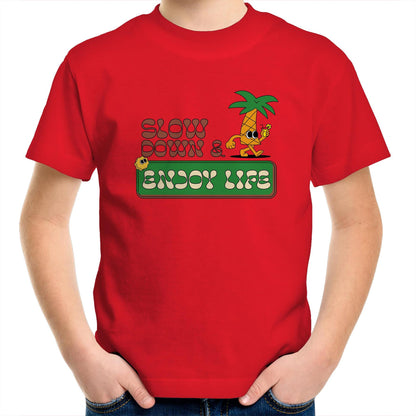 Slow Down & Enjoy Life - Kids Youth Crew T-Shirt Red Kids Youth T-shirt Motivation Summer