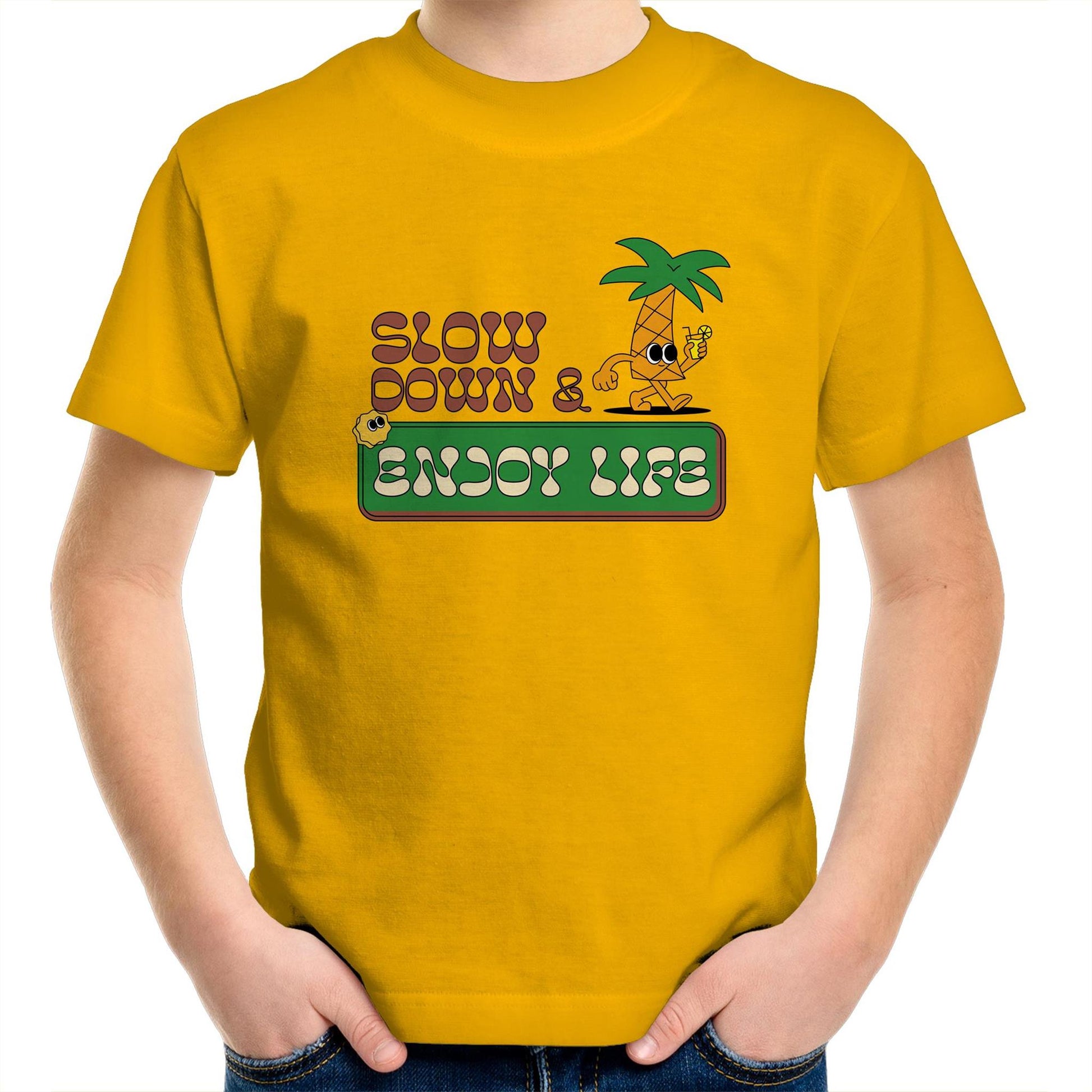 Slow Down & Enjoy Life - Kids Youth Crew T-Shirt Gold Kids Youth T-shirt Motivation Summer