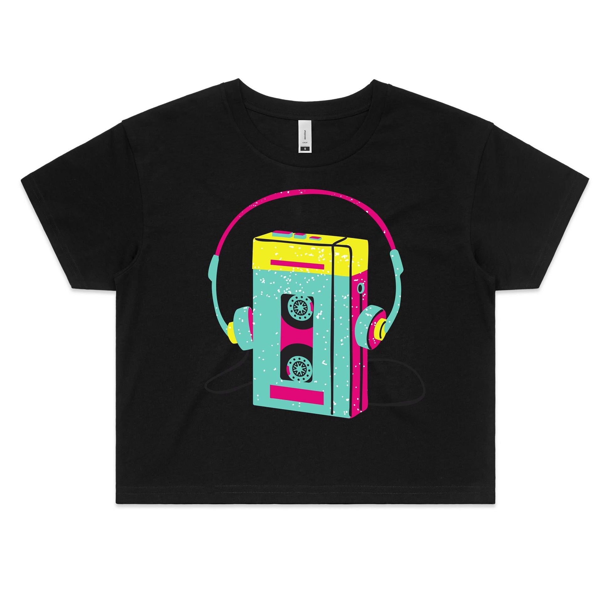 Wired For Sound, Music Player - Women's Crop Tee Black Womens Crop Top Music Retro Womens